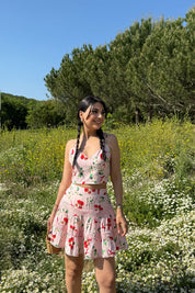 Pembe Desenli Askılı Crop Bluz ve Etek Takım SY-3193-Pembe