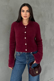 Bordo Çiçek Düğmeli Yumoş Hırka SY-2817-Bordo