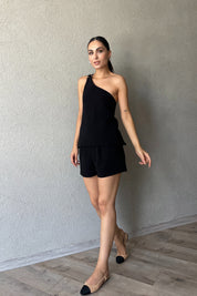 Siyah Aparat Detaylı Tek Omuz Bağlamalı Asimetrik Yelek SY-2341-Siyah