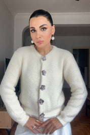 Ekru Çiçek Çıtçıtlı Yumoş Hırka SY-2836-Ekru