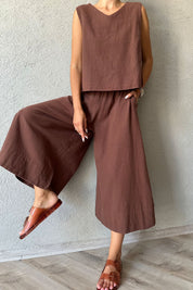 Acı Kahve Keten Bluz ve Beli Lastikli Pantolon Takım SY-0766-Acı Kahve