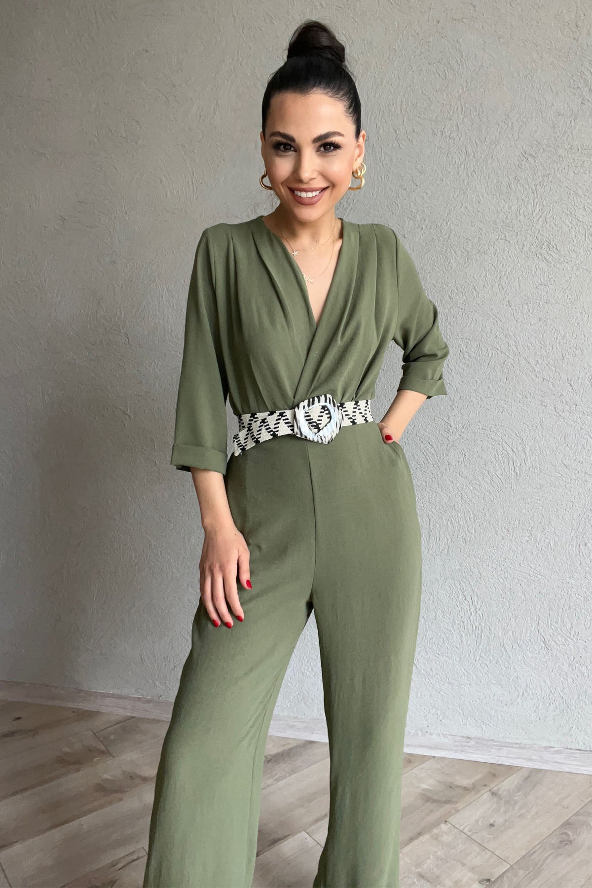 Haki Kemeri Desenli  Kruvaze Yaka Tulum SY-0454-Haki