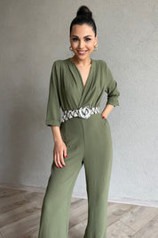 Haki Kemeri Desenli  Kruvaze Yaka Tulum SY-0454-Haki