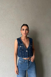 Mavi Önü Cep ve Düğme Detaylı Denim Crop Yelek SY-1778-Mavi