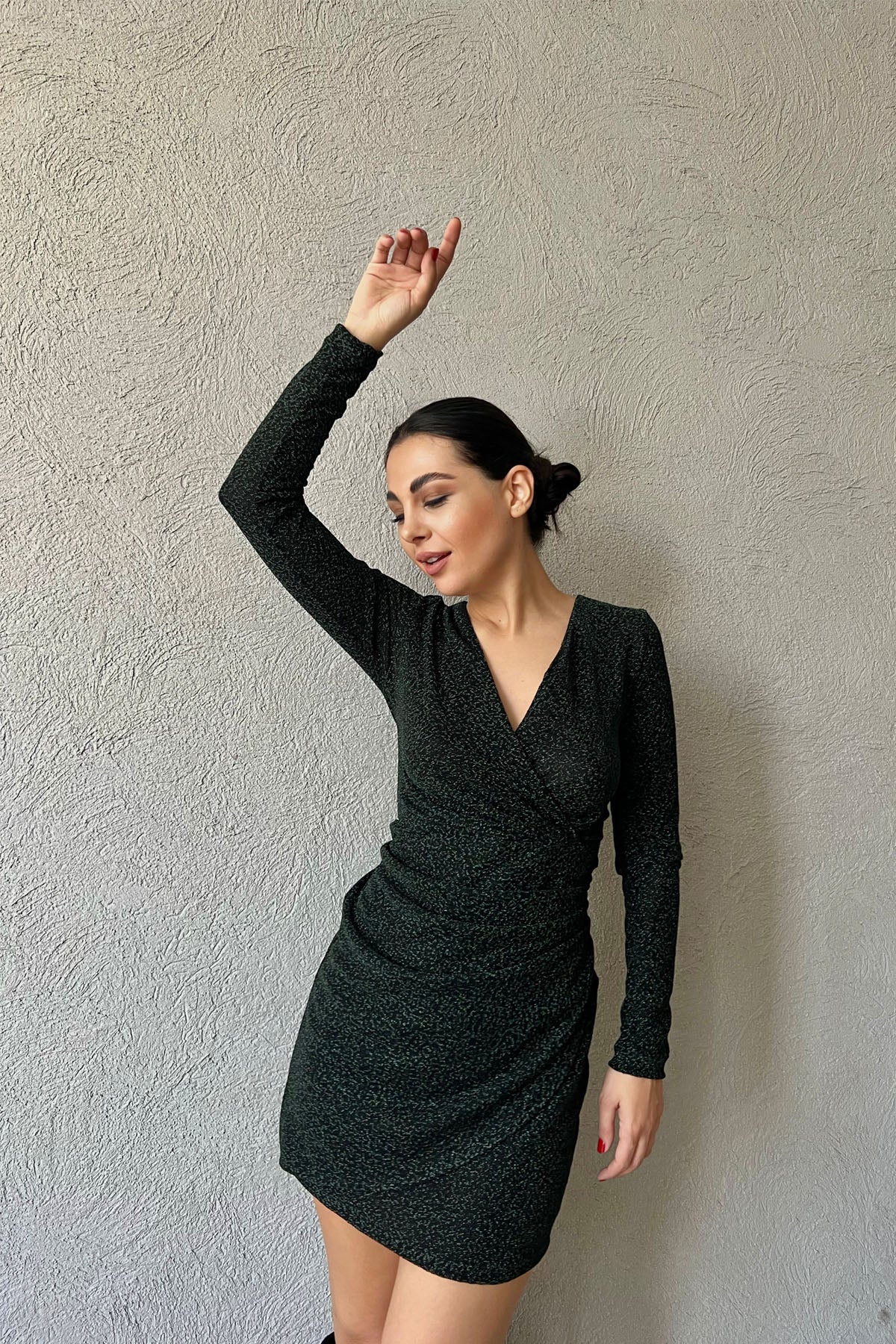 Yeşil Simli Kruvaze Elbise SY-1200-Yeşil