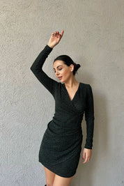 Yeşil Simli Kruvaze Elbise SY-1200-Yeşil