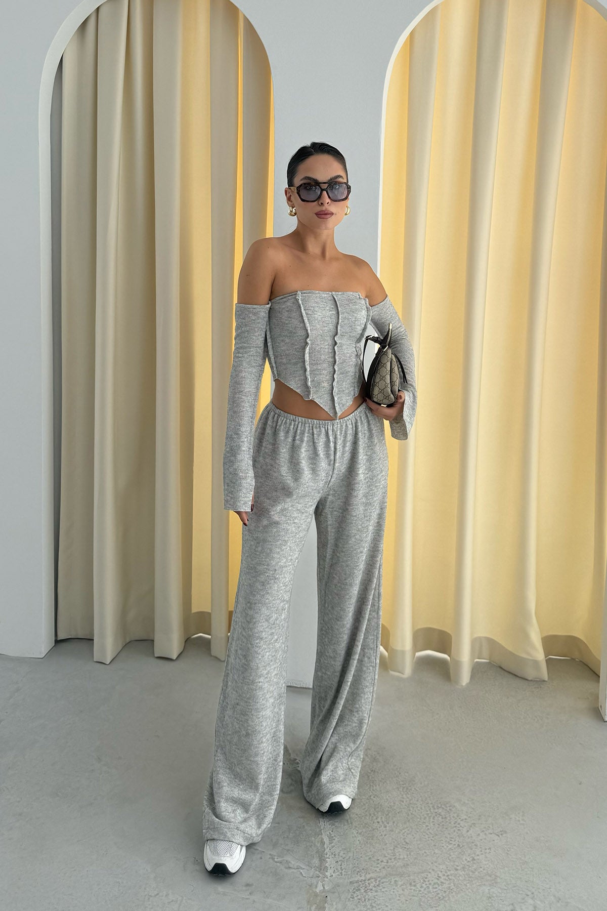 Gri Düşük Omuz Bluz Pantolon İkili Takım SY-2396-Gri