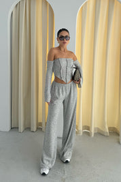 Gri Düşük Omuz Bluz Pantolon İkili Takım SY-2396-Gri