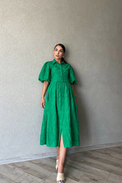 Yeşil Balon Kol Pile Detaylı Kemerli Brode Elbise SY-2084-Yeşil