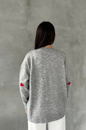 Gri Kalp Nakışlı Triko Kazak SY-2387-Gri