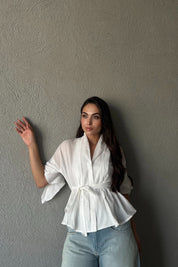 Beyaz Pens Detaylı Vual Kumaş Gömlek SY-2234-Beyaz