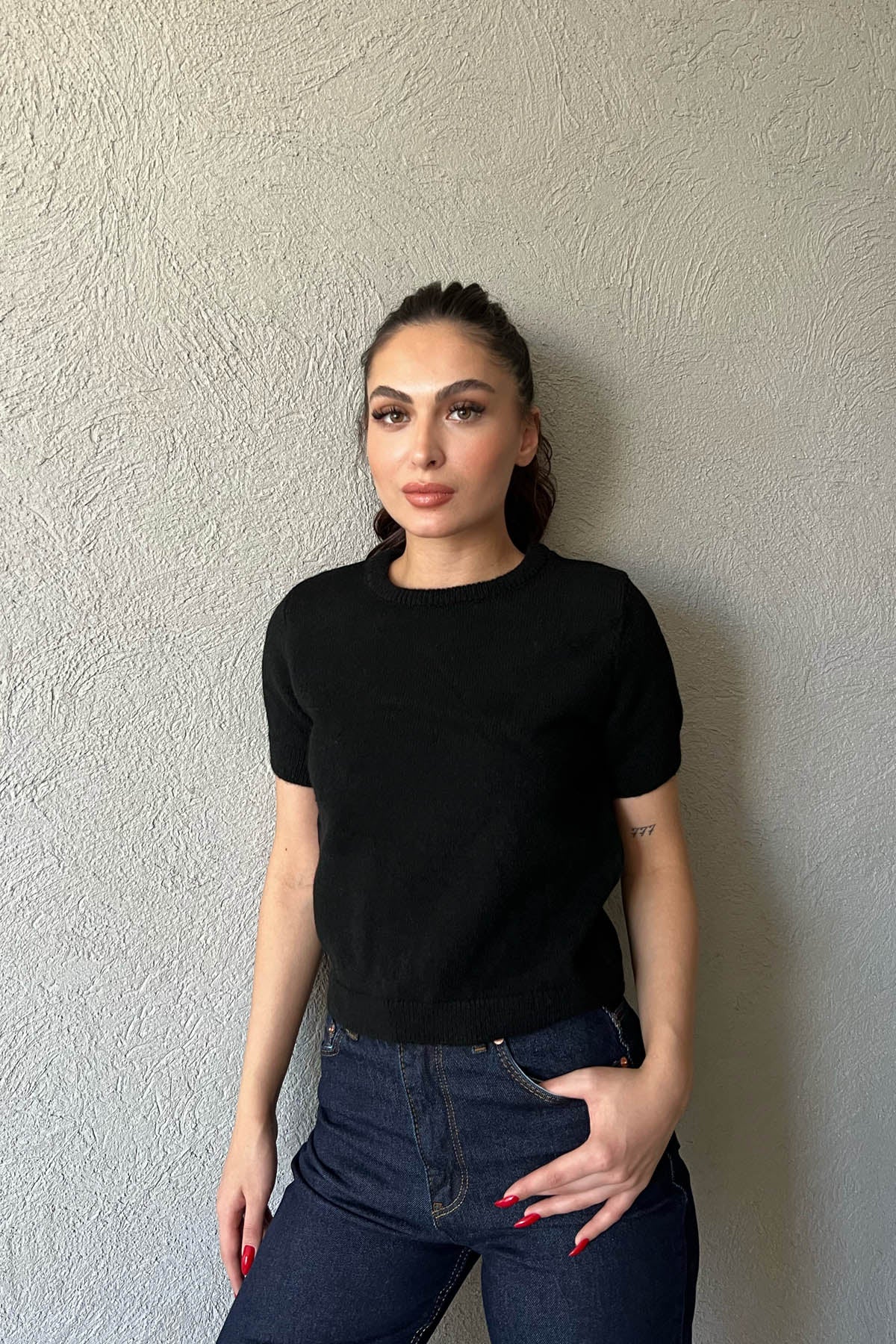 Siyah Bisiklet Yaka Kısa Kol Triko SY-1596-Siyah