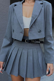 Gri Piliseli Kemer Detaylı Mini Etek SY-0940-Gri