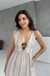 Kahve Boncuk Detaylı Elbise SY-3211-Kahve