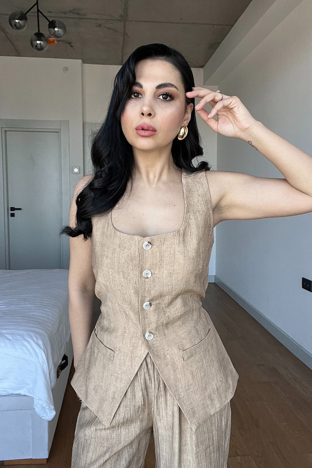 Camel Kare Yaka Düğmeli Yelekli Takım SY-3017-Camel