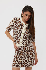 Leopar Desenli Gold Düğme Detaylı Yelek Etek Triko Takım SY-2475-Taş