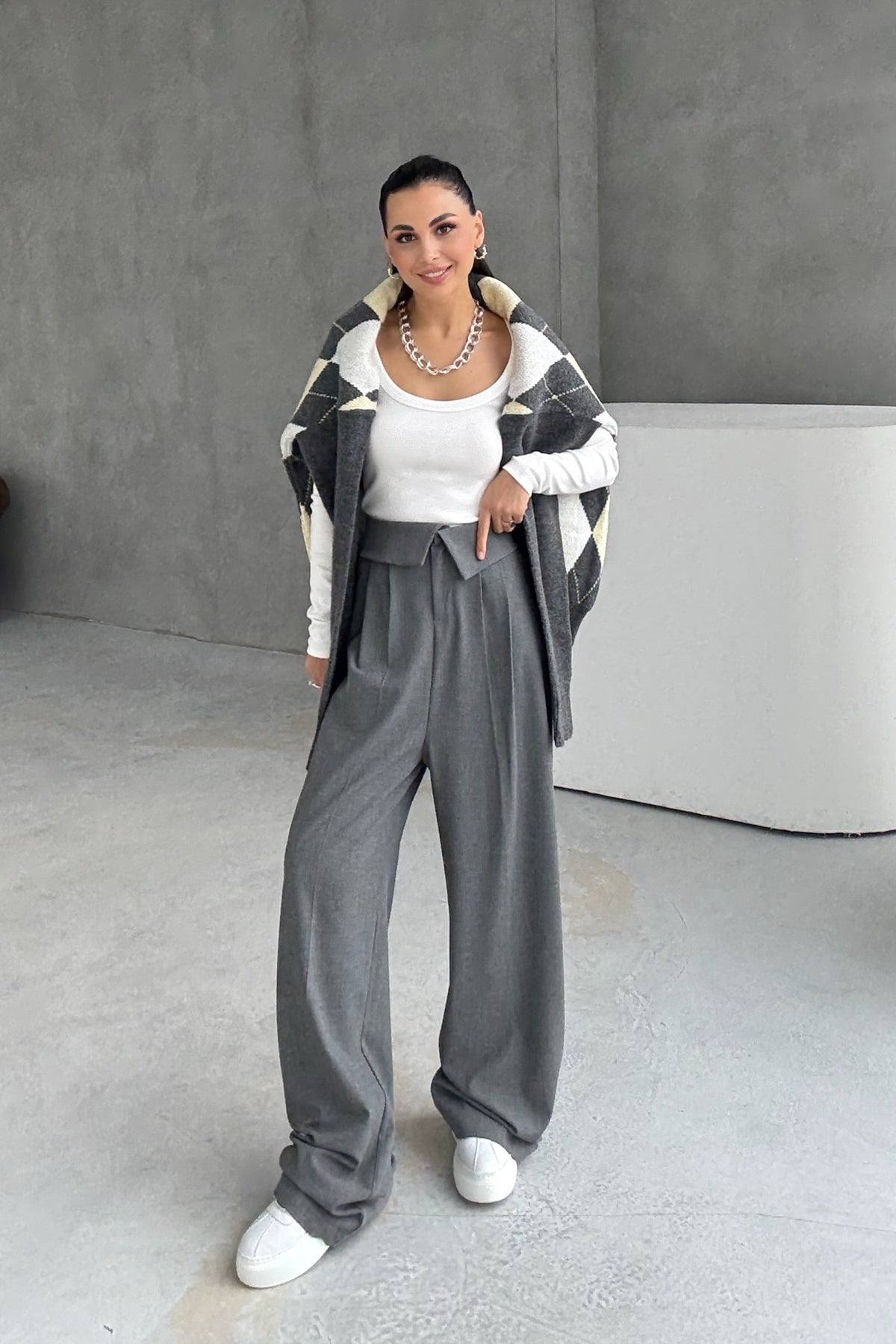 Gri Kıvrık Bel Detaylı Palazzo Pantolon SY-3411-Gri