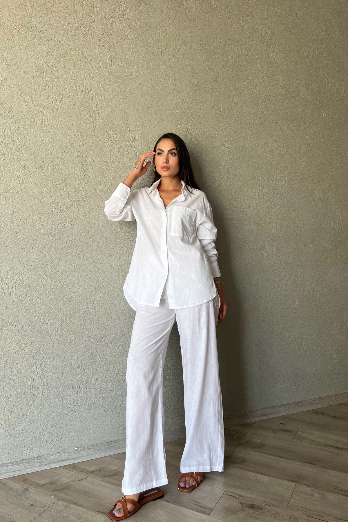 Beyaz Keten Gömlek Pantolon Takım SY-2246-Beyaz