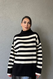 Siyah Taş Rengi Çizgili Yarım Balıkçı Yaka Triko Kazak SY-1318-Siyah