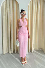 Pembe Deniz Yıldızı Detalı Maxi Elbise SY-3298-Pembe