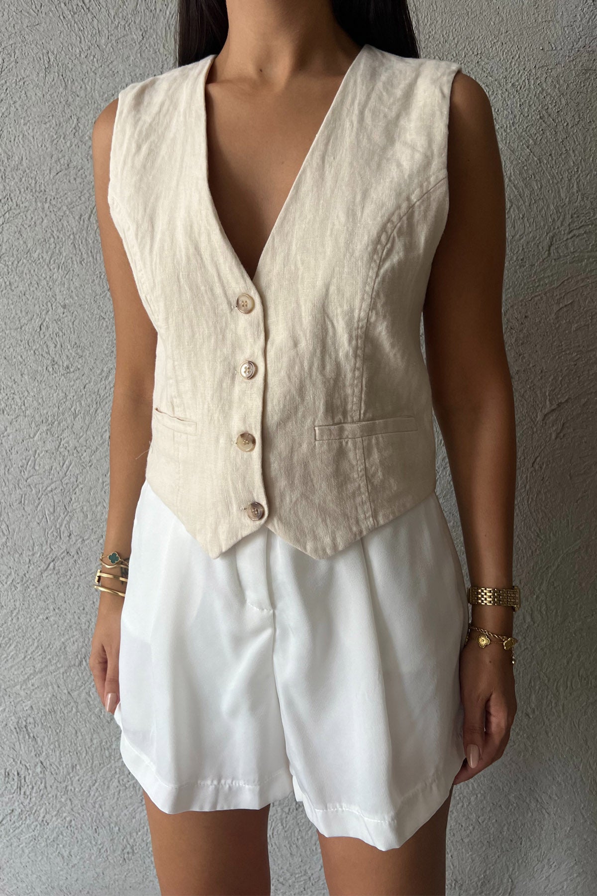 Krem Düğmeli Keten Yelek SY-2229-Krem