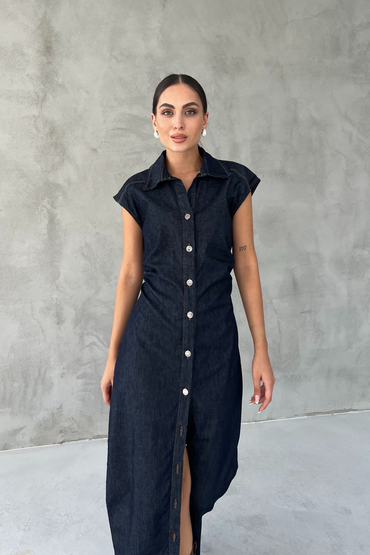 Koyu Lacivert Beli Büzgü Detaylı Düğmeli Denim Elbise SY-2493-Koyu Lacivert