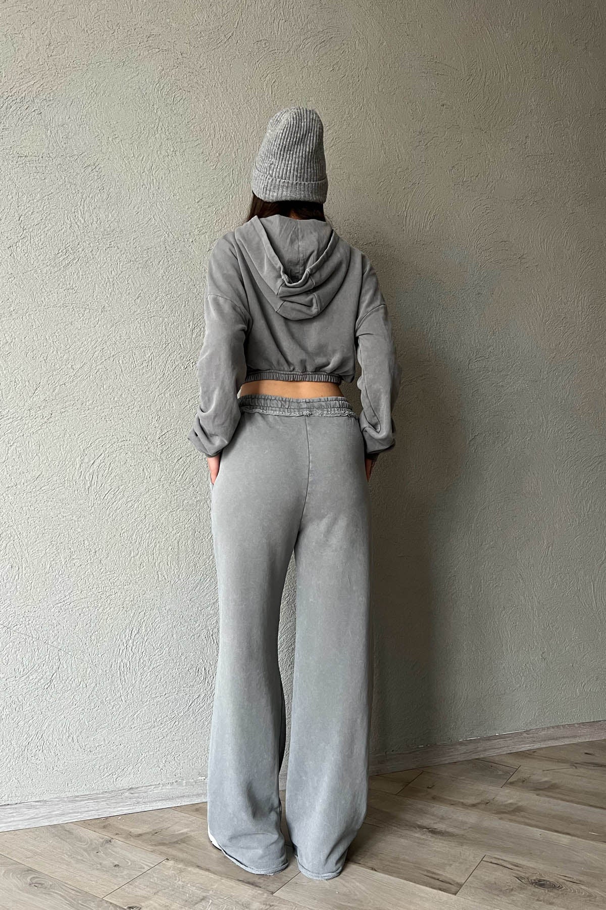 Gri Kapüşonlu Crop Sweatshirt SY-1683-Gri