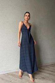 Indıgo Askılı Bağlama Detaylı Arkası Gipeli Midi Elbise SY-1770-İndigo