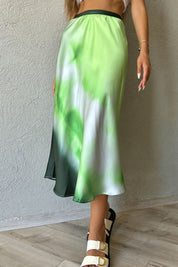 Yeşil Batik Desen Beli Lastikli Saten Etek SY-0892-Yeşil