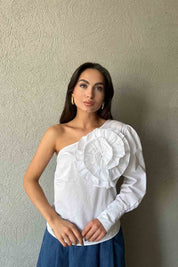 Beyaz Tek Omuz Özel Tasarım Gömlek SY-1736-Beyaz