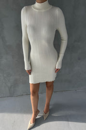 Krem Fitilli Yarım Balıkçı Yaka Triko Elbise SY-2626-Krem