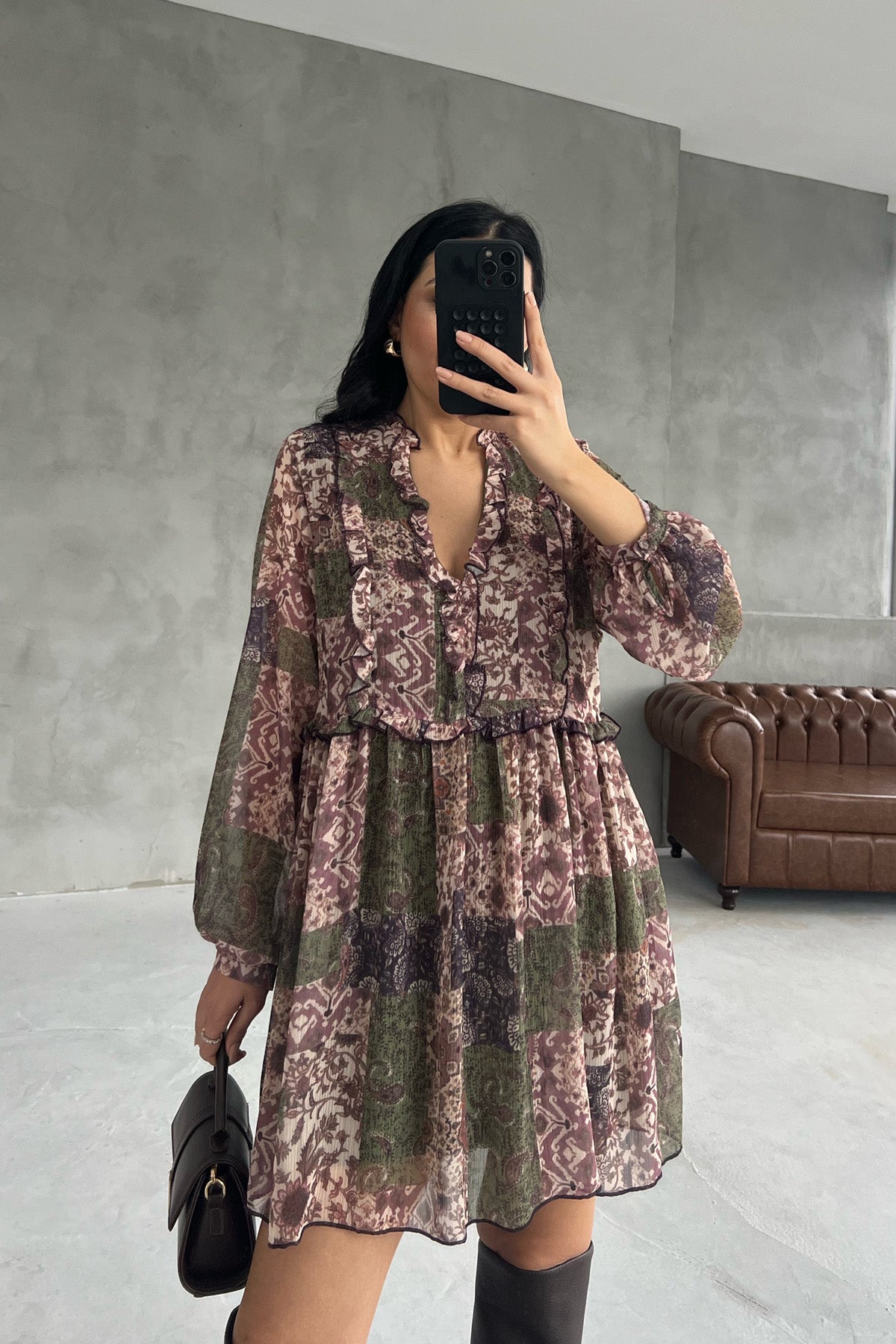 Haki Çiçek Desenli Astarlı Şifon Elbise SY-2917-Haki