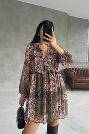 Haki Çiçek Desenli Astarlı Şifon Elbise SY-2917-Haki