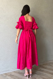 Fuşya Kolu Lastik Detaylı Güpür Detaylı Brode Elbise SY-2109-Fuşya