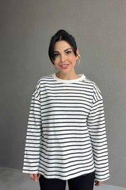 Beyaz Lacivert Çizgili Bisiklet Yaka Uzun Kol T-shirt SY-2938-Lacivert