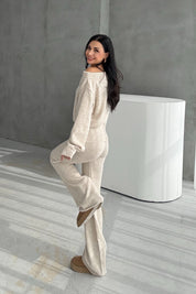 Bej Kayık Yaka Kazak ve Triko Pantolon Takım SY-3429-Bej