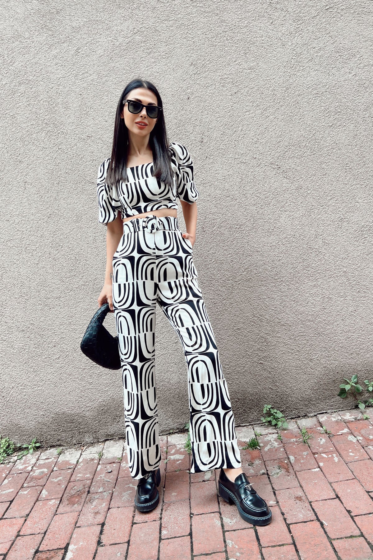 Ekru Desenli Sırt Detaylı Bluz ve Kemerli Pantolon Takım SY-0326-Ekru