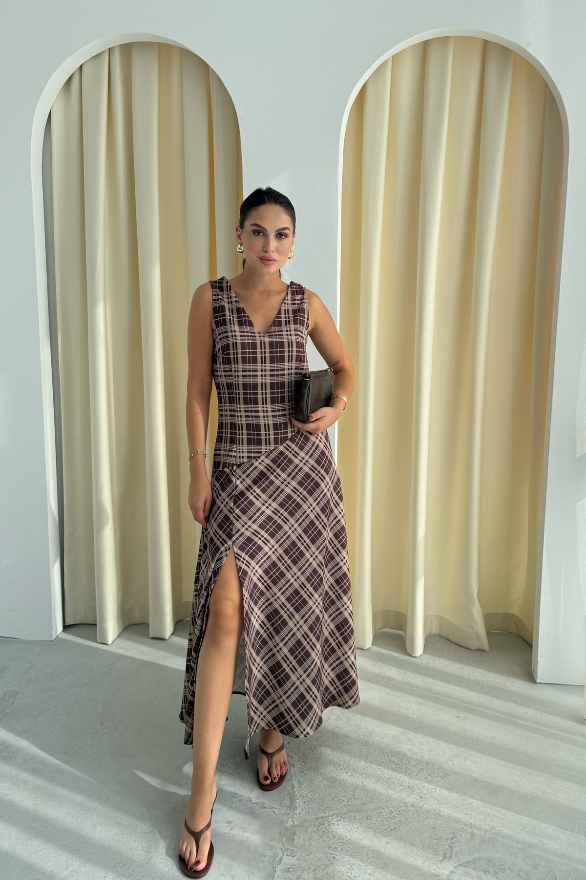 Kahve ZR Model Kalın Askılı Ekoseli Elbise SY-3346-Kahve