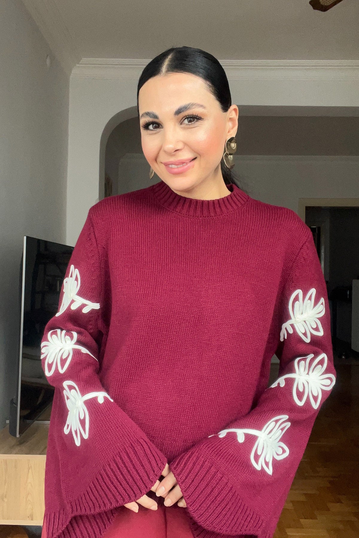 Bordo Tasarım Kolları Nakışlı Kazak SY-2837-Bordo