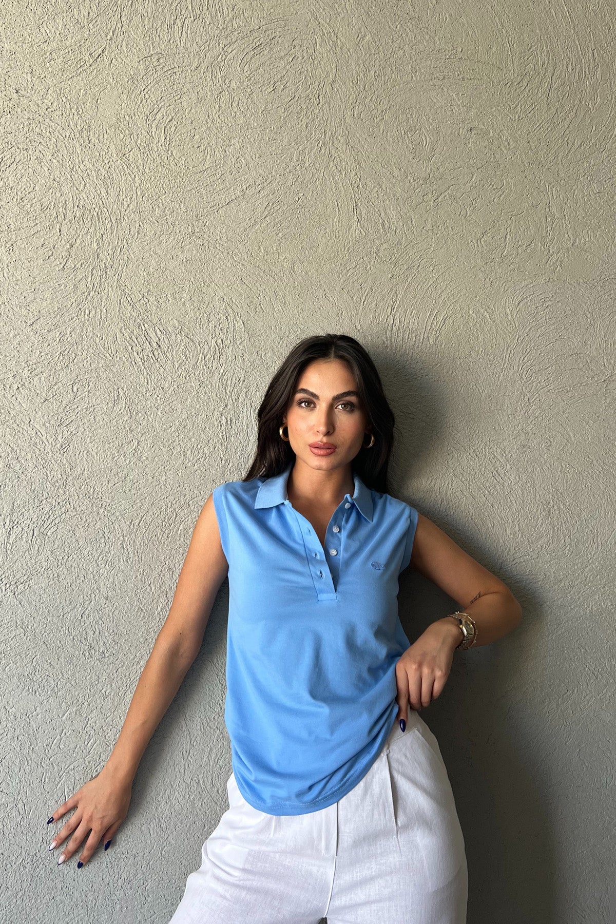 Mavi Polo Yaka Sıfır Kol Basic Atlet SY-2170-Mavi