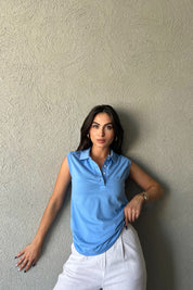 Mavi Polo Yaka Sıfır Kol Basic Atlet SY-2170-Mavi