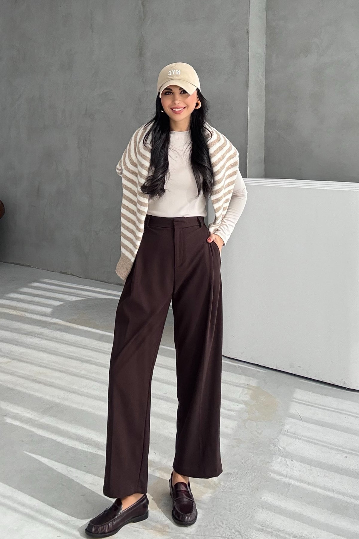 Kahve Pile Detaylı Bol Paça Pantolon SY-3447-Kahve