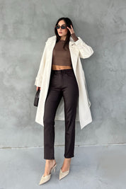 Ekru Kemerli Deri Trençkot SY-2435-Ekru