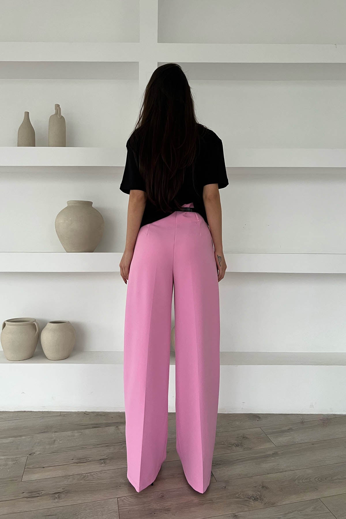 Pembe Kemer Detaylı Yüksek Bel Geniş Paça Pantolon SY-1681-Pembe