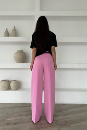 Pembe Kemer Detaylı Yüksek Bel Geniş Paça Pantolon SY-1681-Pembe