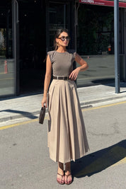 Kahve Eteği Pileli Kemerli Elbise SY-3331-Kahve