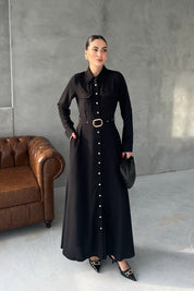 Siyah Kemerli Düğme Detay Uzun Elbise SY-2944-Siyah