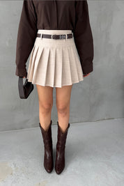 Natural Kemer Detaylı Pileli Mini Etek SY-3026-Natural