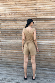 Vizon Sırt Detaylı Yelek Şort Keten Takım SY-2186-Vizon