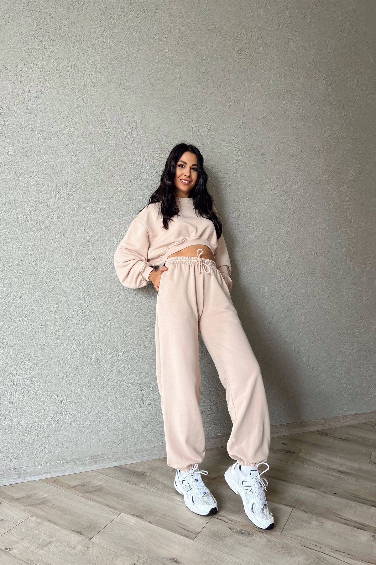 Bej Uzun Kollu Crop Eşofman Takımı SY-1154-Bej